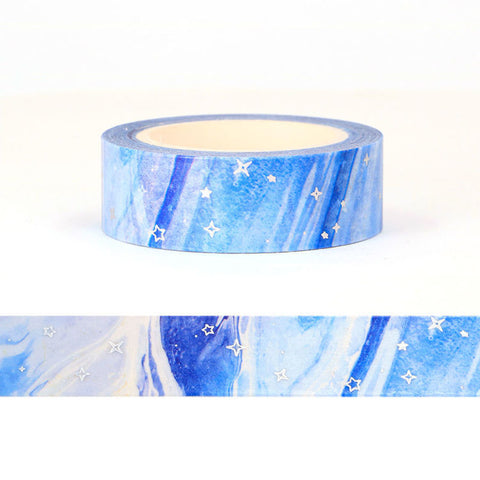 Light Blue and Dark Blue Galaxy with Silver Twinkle Stars Washi Tape