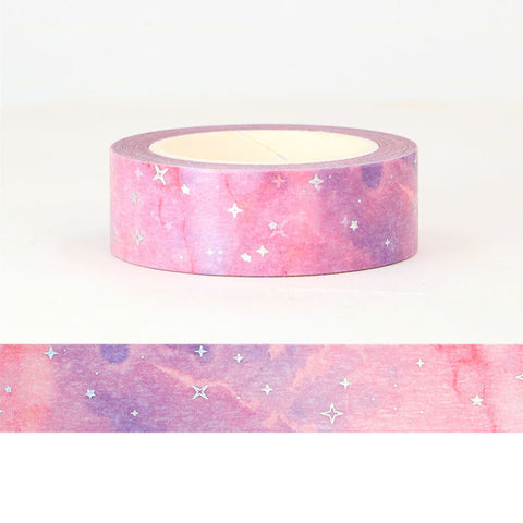 Pink and Purple Galaxy with Silver Twinkle Stars Washi Tape