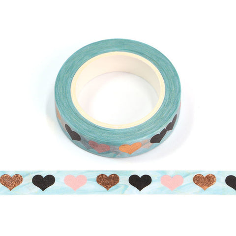 Blue with Foil Hearts Skinny Washi Tape