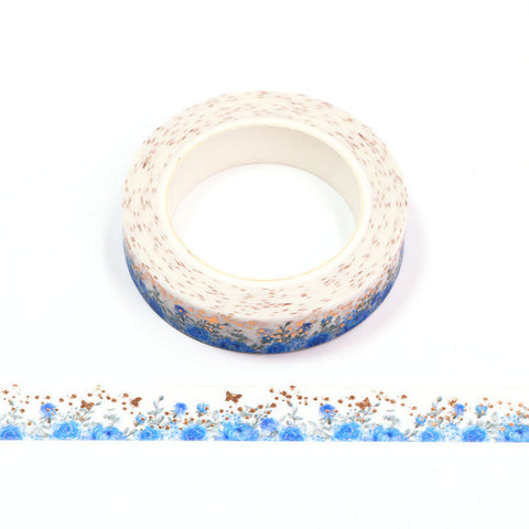 Blue Roses with Gold Butterflies Skinny Washi Tape