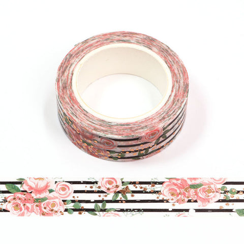 Roses with Black Stripes and Gold Butterflies Washi Tape