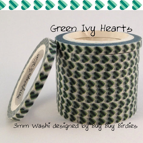 Green Ivy Hearts 3mm Skinny Washi