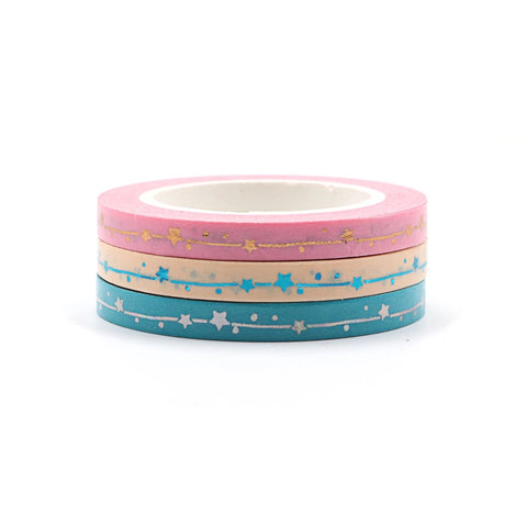 Foil Stars Skinny Washi Tape Set of Three - Pink, Peach, Blue
